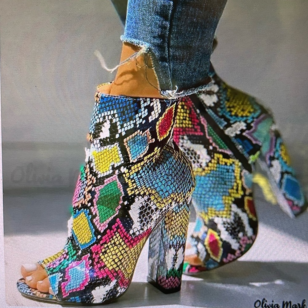 Olivia Mark Multi Color Snakeskin Chunky Heel Boots